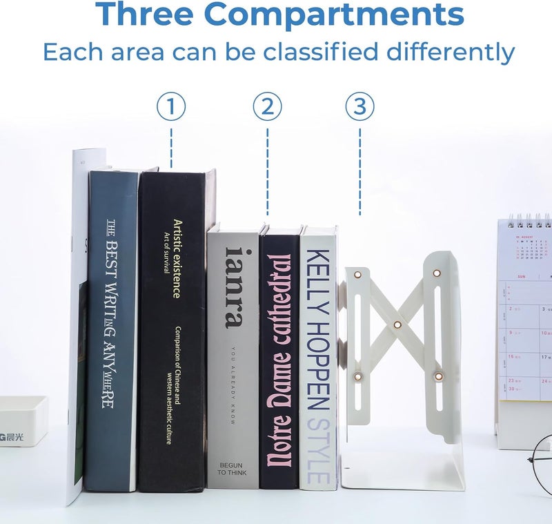 MG Adjustable Bookends Book Ends for Shelves, Metal Bookend for Heavy Books, Desk Magazine File Organizer Holder Extends up to 20in, Book Stopper for Home, Office, Classroom (White) - Image 3